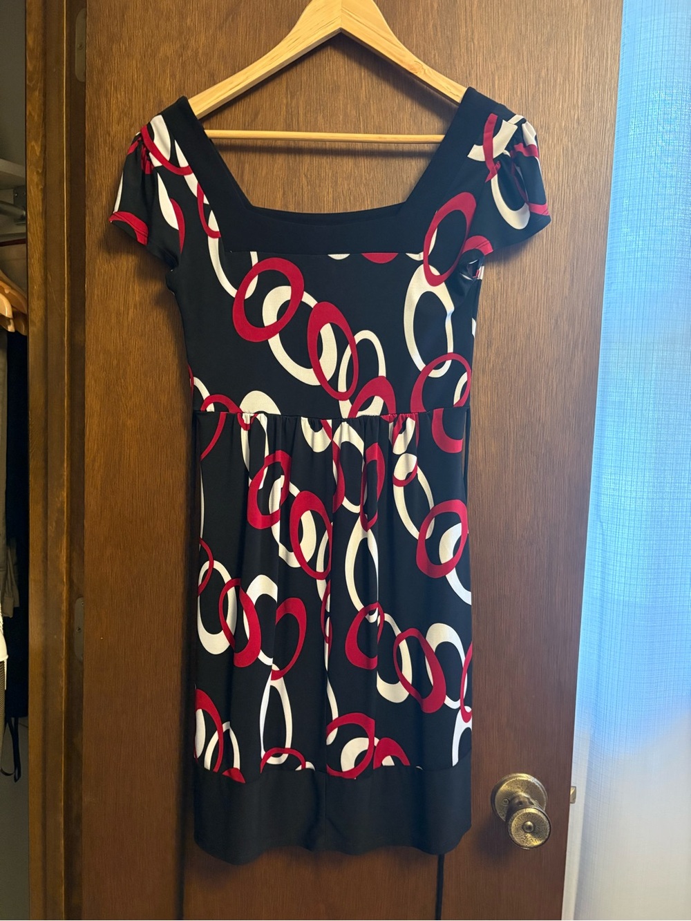 Wrapper Black Mini Dress with Red and White Ring Print